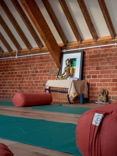 Teal mats and terracotta bolsters waiting in the practice room